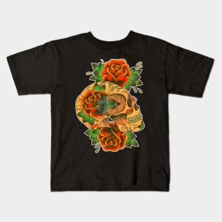 Skull and Roses Tattoo Style Design Kids T-Shirt